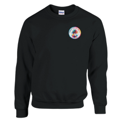 Black sweatshirt featuring a colorful retro "Urban Palm Trees" graphic on the chest, adding a tropical vibe to casual streetwear.
