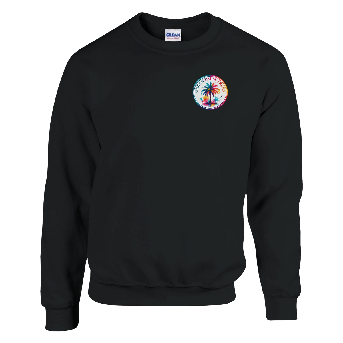 Black sweatshirt featuring a colorful retro "Urban Palm Trees" graphic on the chest, adding a tropical vibe to casual streetwear.