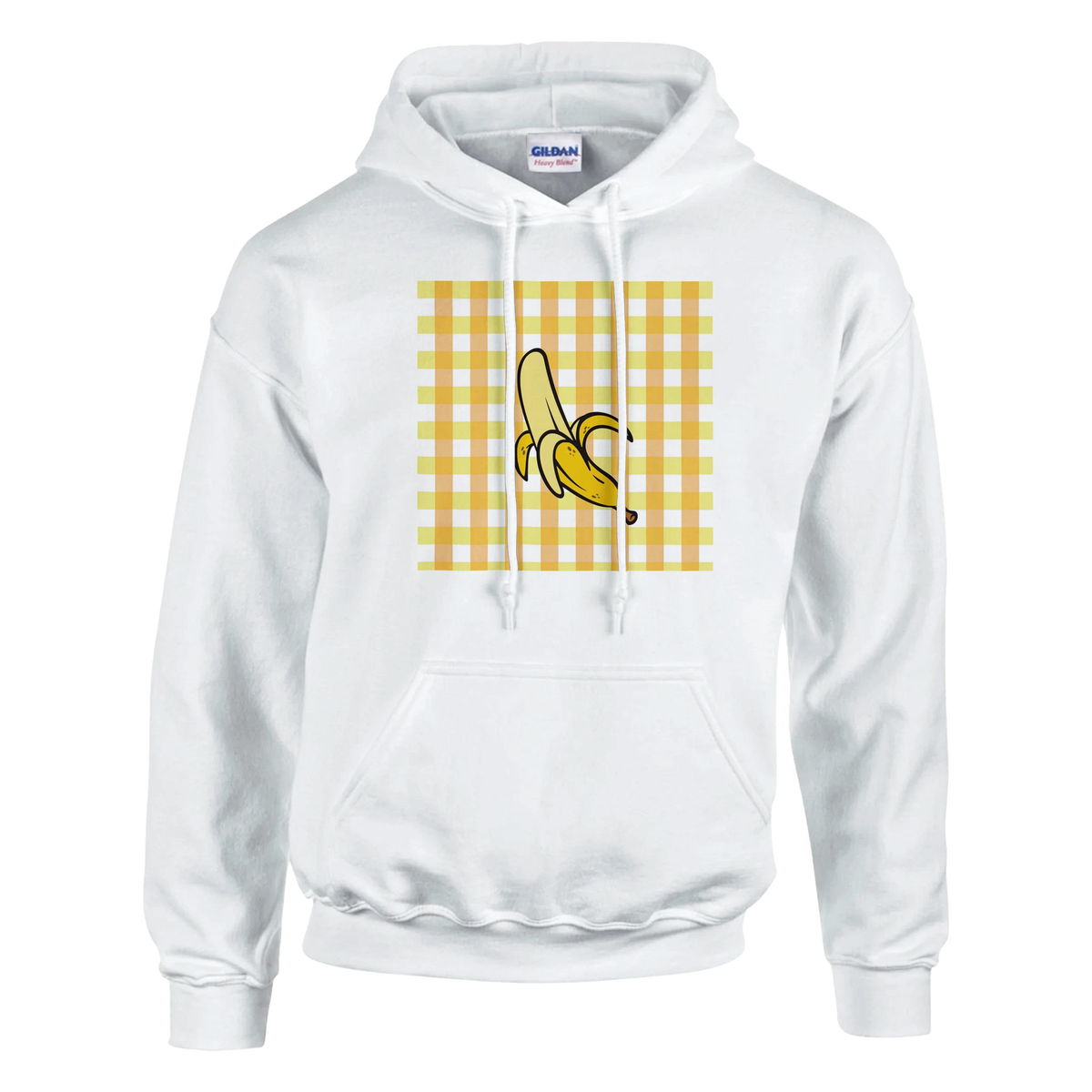 White hoodie with a banana illustration on a yellow gingham panel.