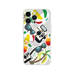 Transparent iPhone case featuring a summer sticker collage with palm trees, sunglasses, vintage cameras, and tropical drinks.