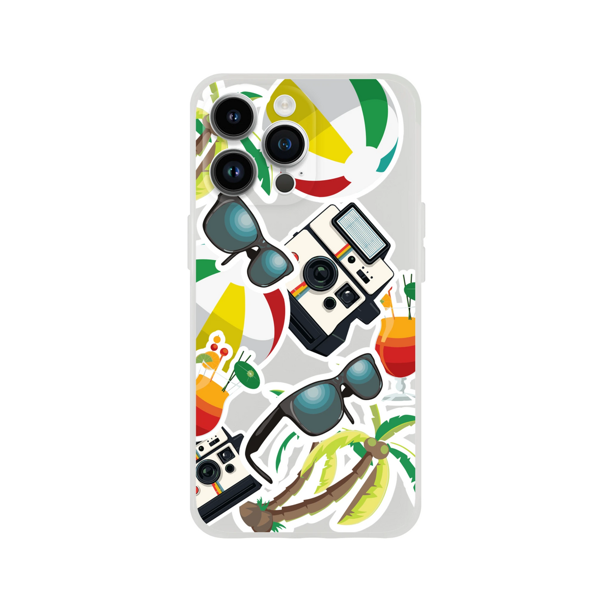 Transparent iPhone case featuring a summer sticker collage with palm trees, sunglasses, vintage cameras, and tropical drinks.
