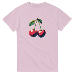 Pink women's graphic cherry t-shirt with a bold red cherry print on a soft cotton blend.