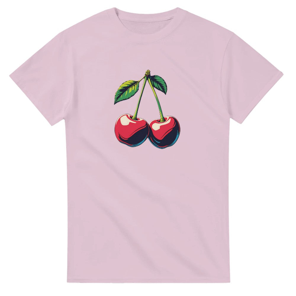 Pink women's graphic cherry t-shirt with a bold red cherry print on a soft cotton blend.