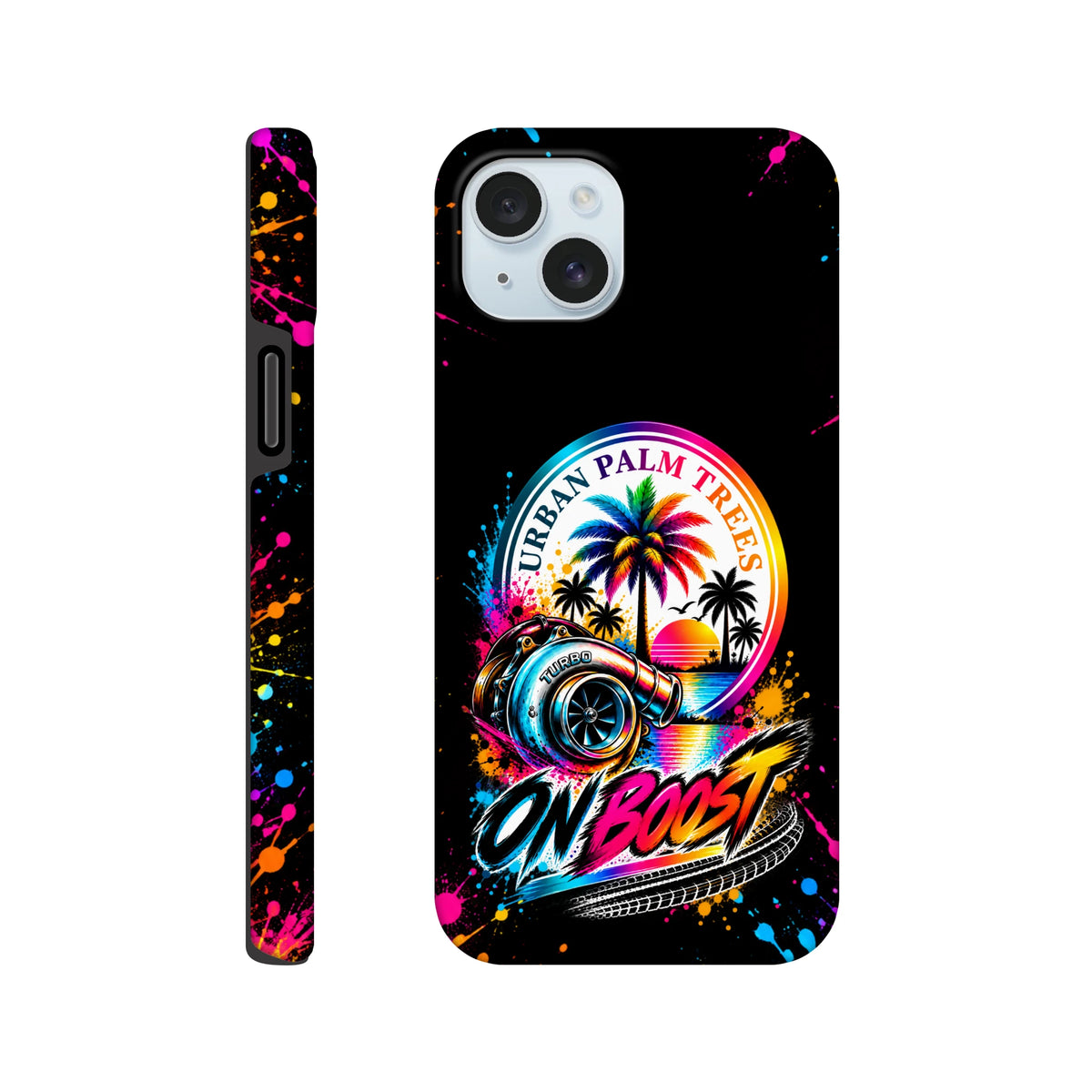 On Boost iPhone case featuring a colorful turbocharger, palm trees, and "Urban Palm Trees" text with neon splatter accents on black.