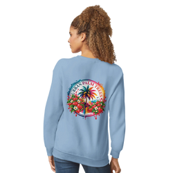 Blue women's sweatshirt featuring a retro tropical back print with a palm tree, strawberries, and Urban Palm Trees text.