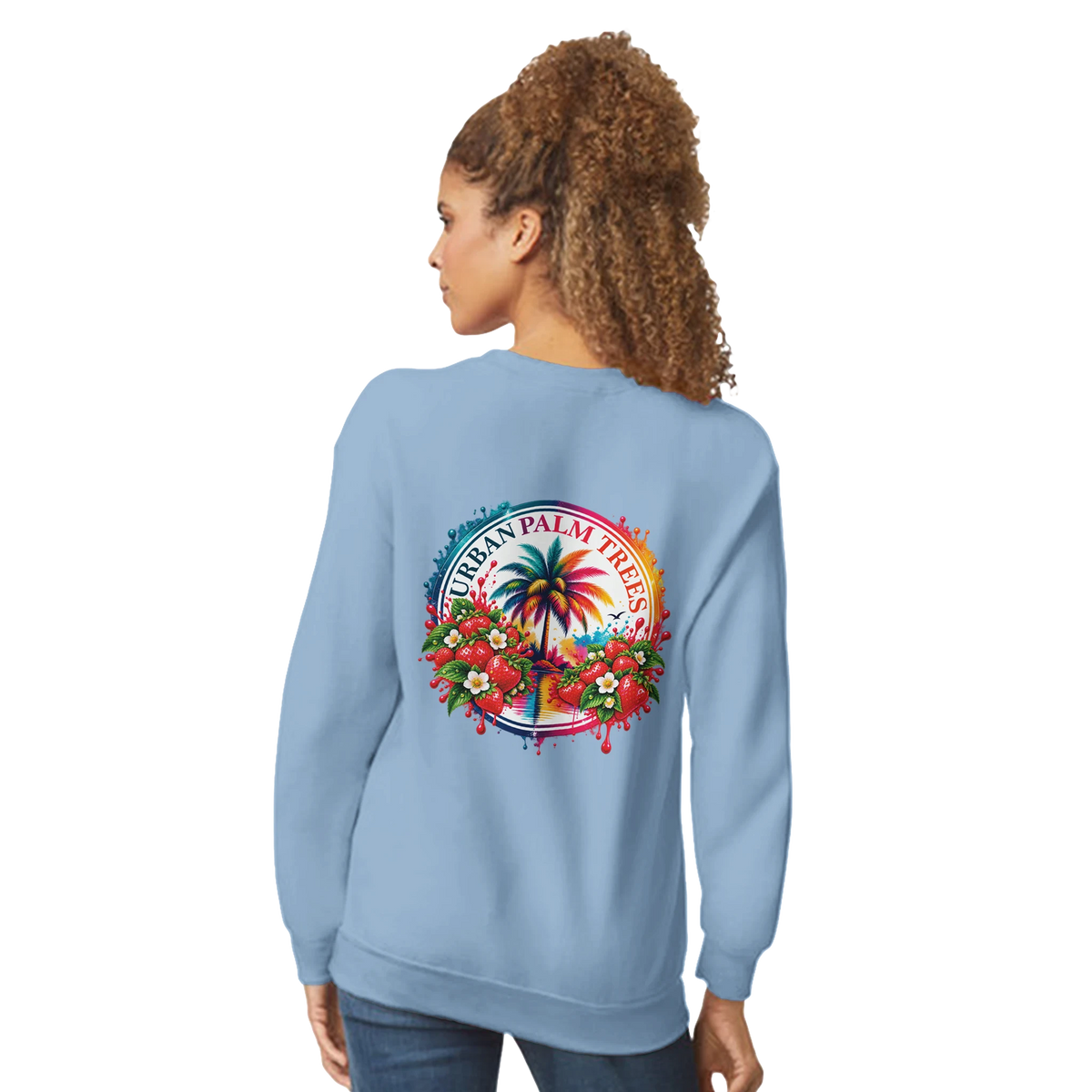 Blue women's sweatshirt featuring a retro tropical back print with a palm tree, strawberries, and Urban Palm Trees text.