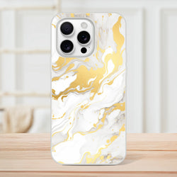 Gold and cream marble iPhone case for 13-16 with slim profile, luxury abstract design, and matte finish.
