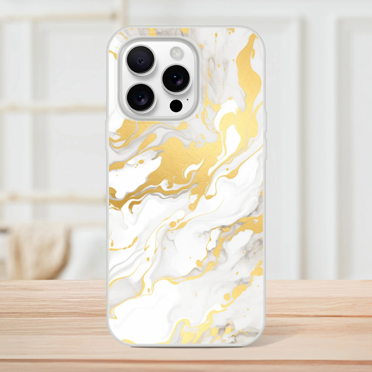 Gold and cream marble iPhone case for 13-16 with slim profile, luxury abstract design, and matte finish.