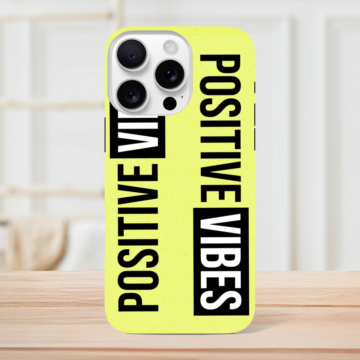 Positive Vibes Tough iPhone Case for iPhone 13-16, bright yellow with wraparound slogan print