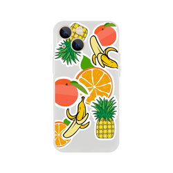 Clear iPhone case with vibrant tropical fruit sticker design featuring oranges, bananas, and pineapples.