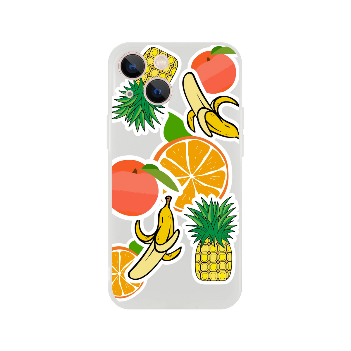 Clear iPhone case with vibrant tropical fruit sticker design featuring oranges, bananas, and pineapples.