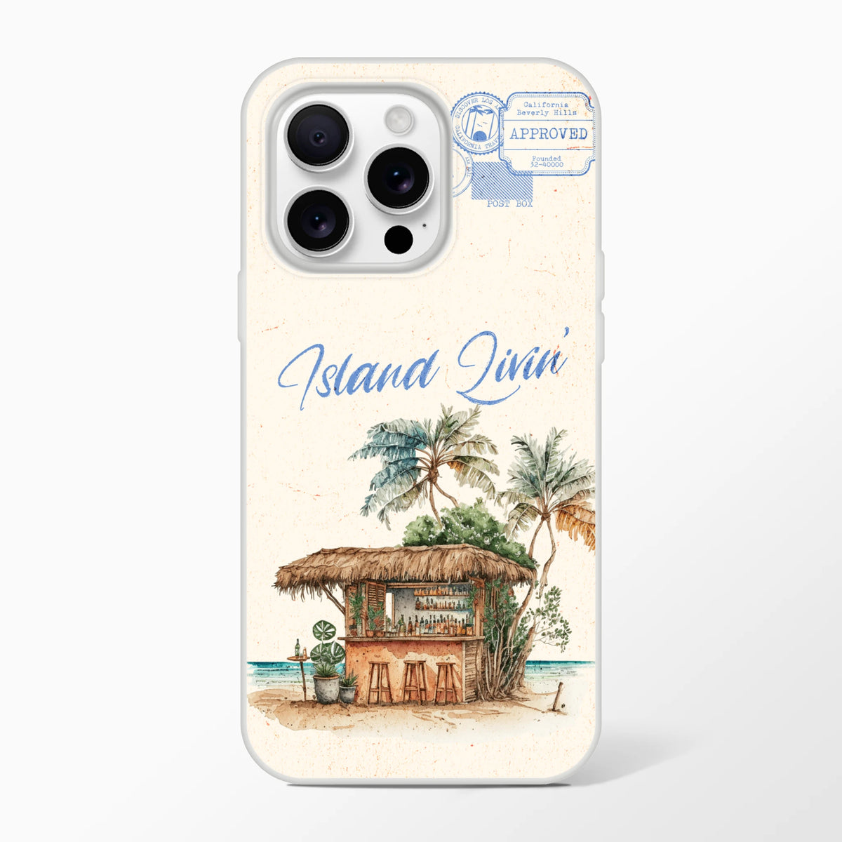 Vintage postcard-themed iPhone case for 13-16 with island holiday scene and palm trees.