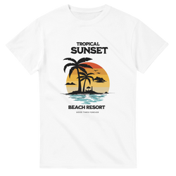 Retro tropical sunset graphic tee featuring palm trees, striped sun, and "Beach Resort" text in vintage coastal design.