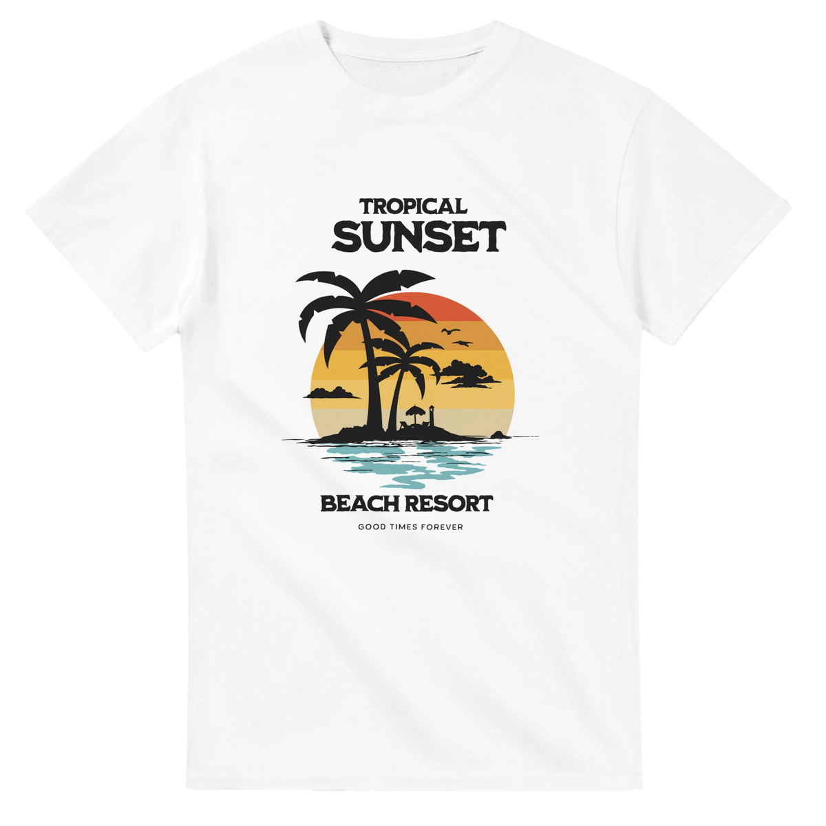 Retro tropical sunset graphic tee featuring palm trees, striped sun, and "Beach Resort" text in vintage coastal design.