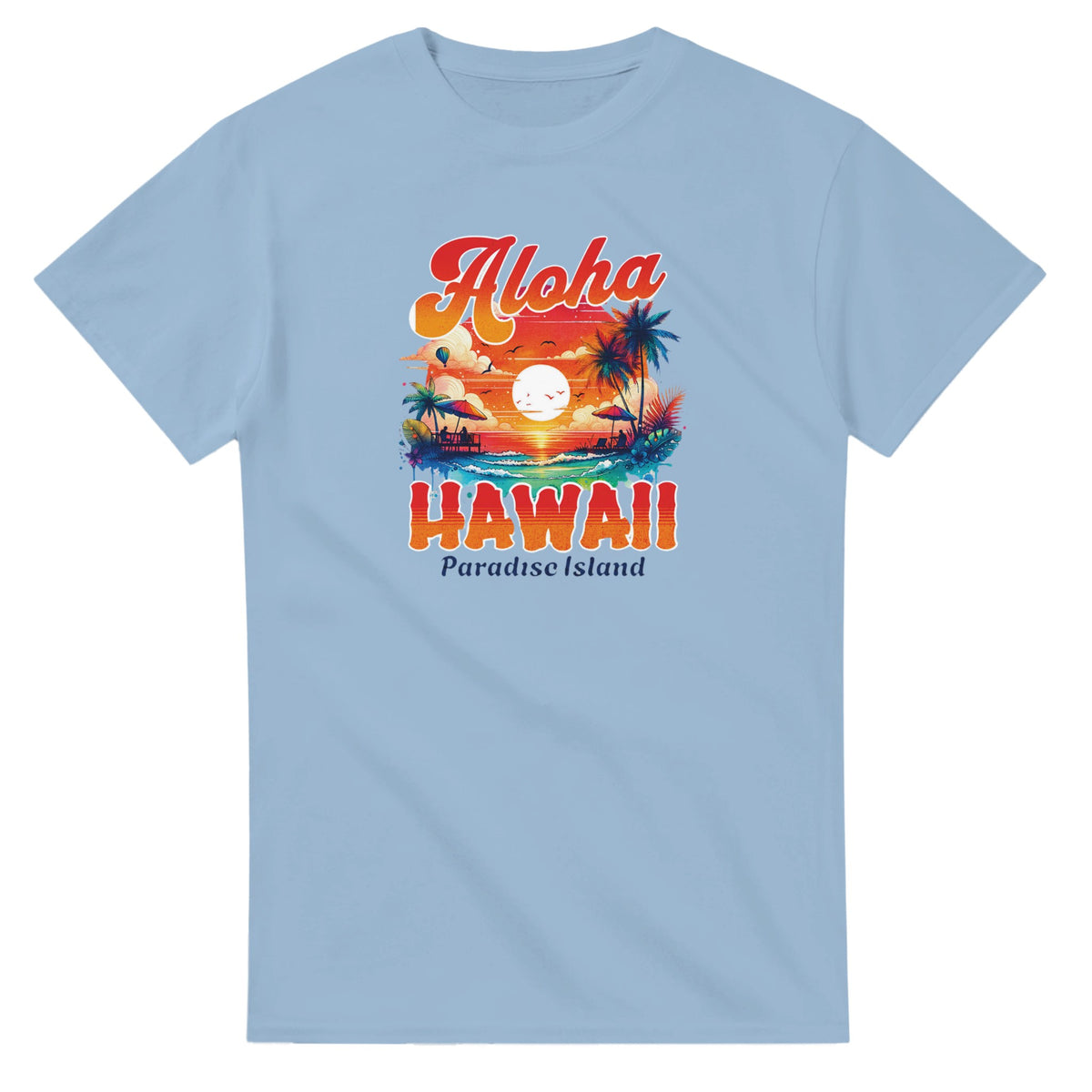 Light blue cotton-blend T-shirt with Aloha Hawaii Paradise Island graphic, sunset, palm trees, and ocean.