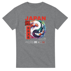Gray men's graphic T-shirt in soft cotton blend, bold JAPAN text with vibrant koi fish and vertical Japanese characters.