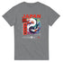 Gray men's graphic T-shirt in soft cotton blend, bold JAPAN text with vibrant koi fish and vertical Japanese characters.