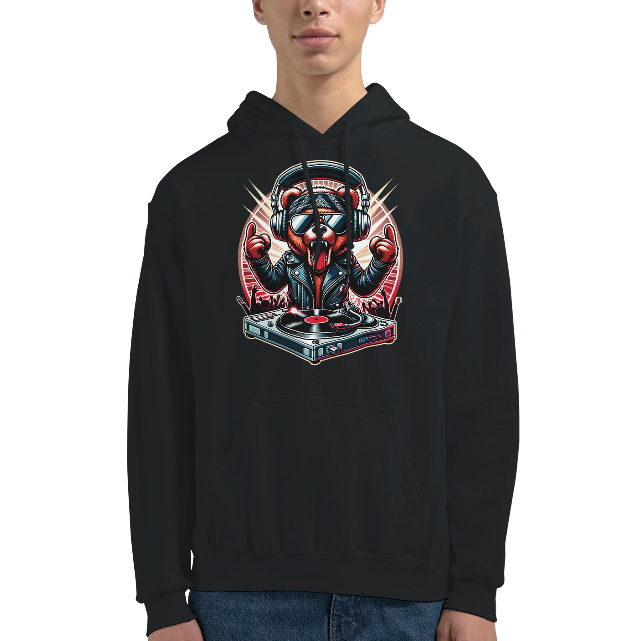 Men's DJ Bear Hoodie in black, 50/50 cotton-poly blend, bold bear DJ graphic at turntable with headphones, S–XL.