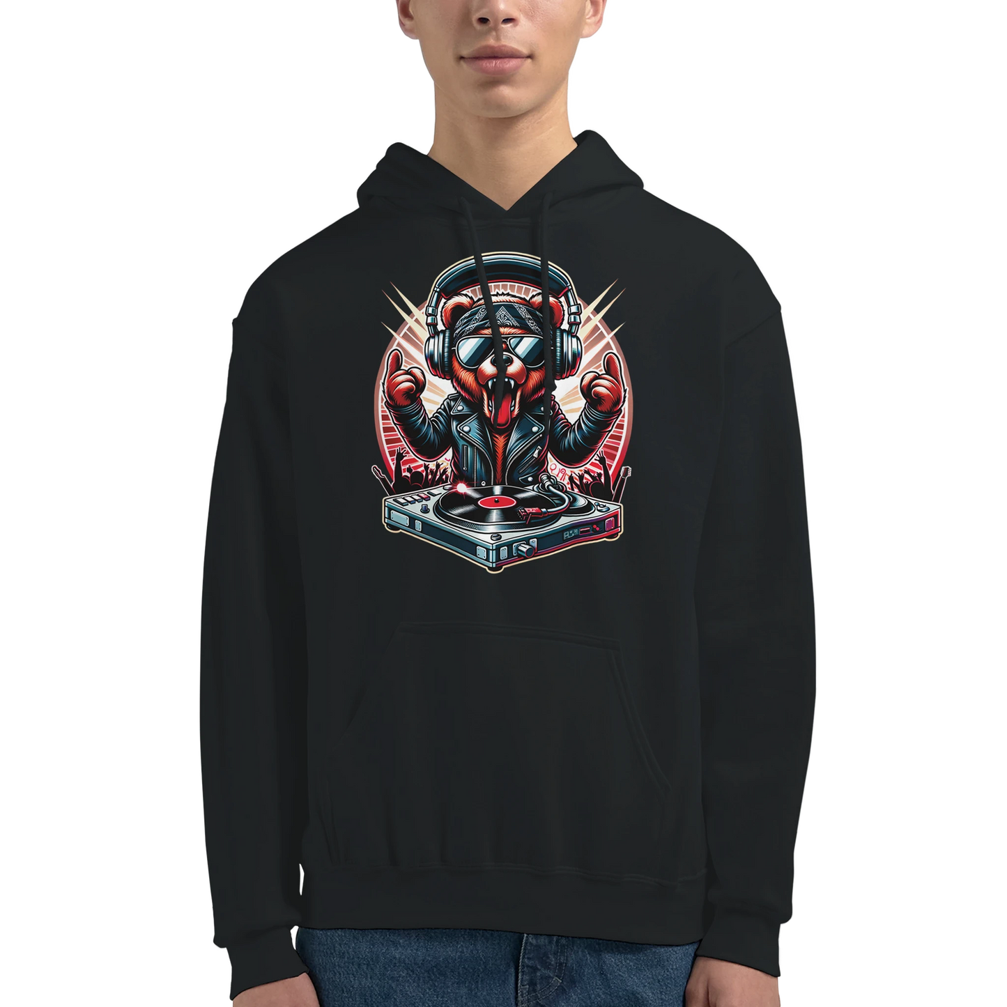 Person wearing a black men's bear hoodie with a graphic design on a white background. 7