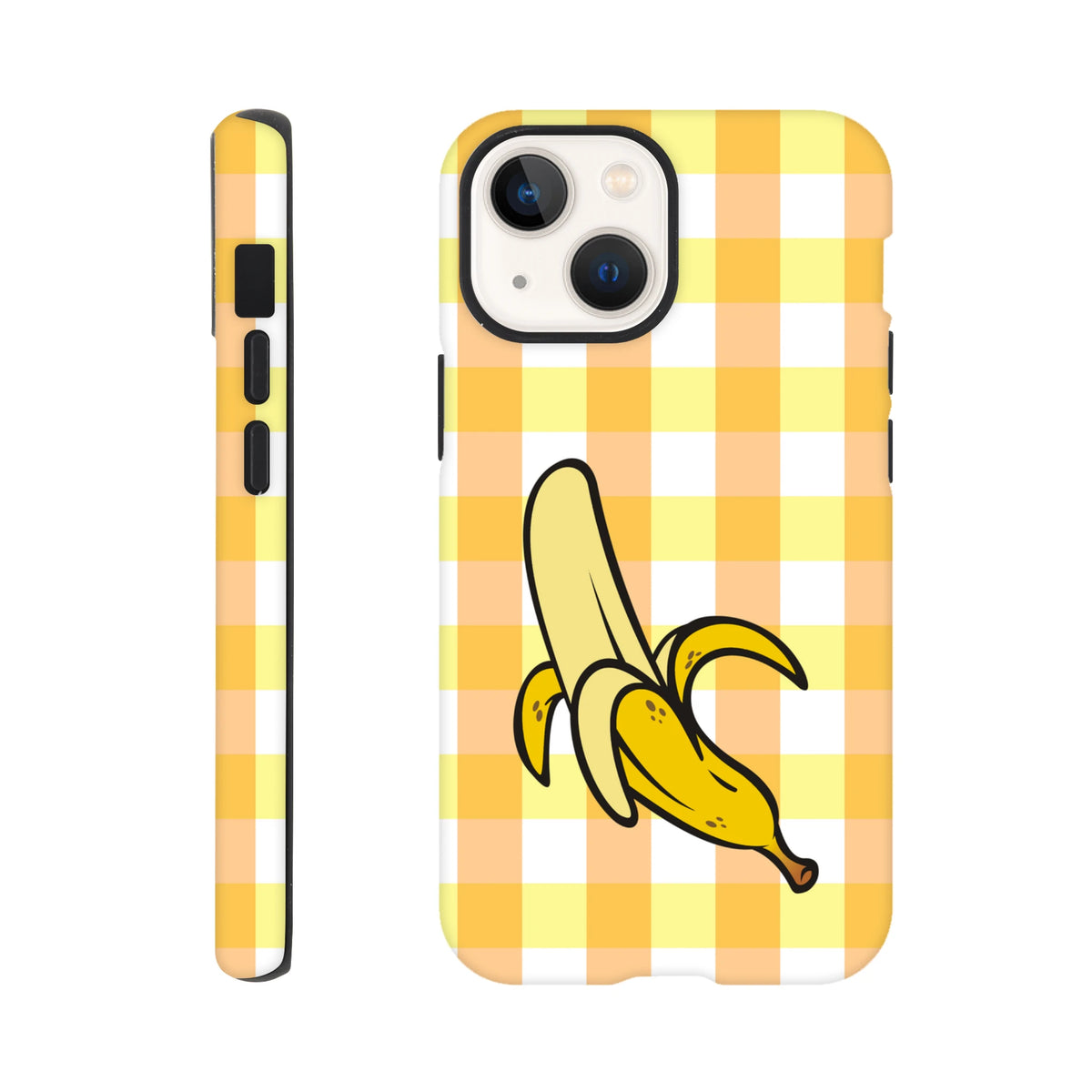 Yellow gingham iPhone case featuring a cartoon peeled banana design with tough protective edges for daily carry.