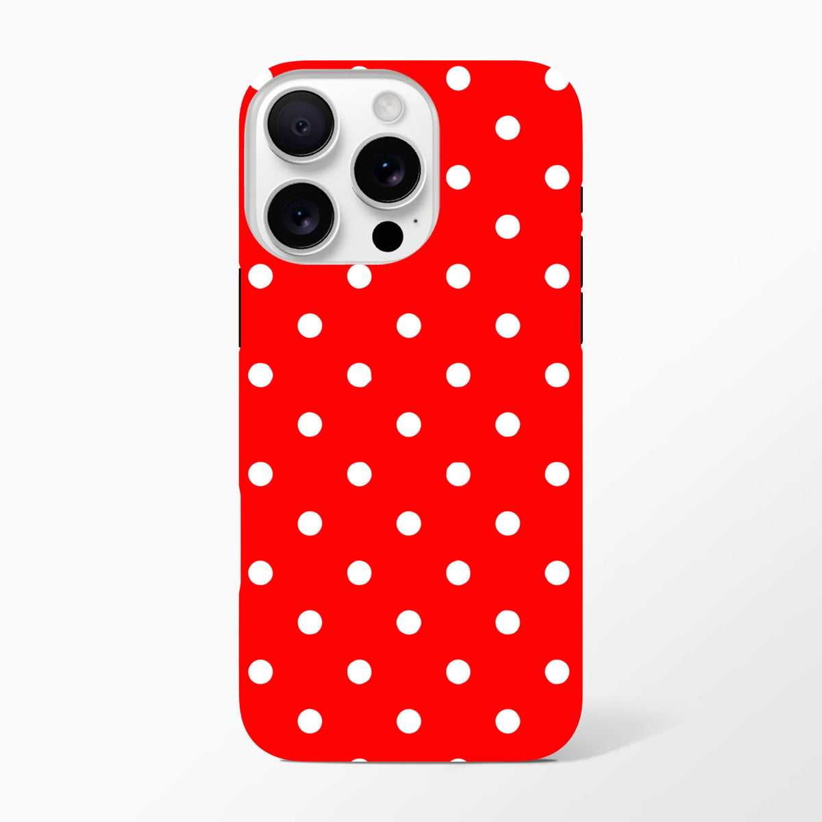 Red and white polka dot tough iPhone case with dual-layer TPU protection for models 13 through 16. Vintage cute phone cover.