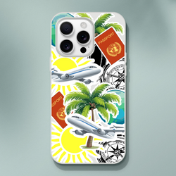Travel sticker iPhone case featuring palm trees, airplanes, passports, and compasses for urban exploration.