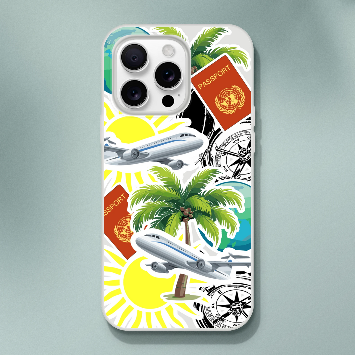 Travel sticker iPhone case featuring palm trees, airplanes, passports, and compasses for urban exploration.