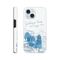 White iPhone case featuring a blue line art illustration of Santorini domes and sea, inscribed with "Santorini blues and breezy views."