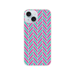 Pink and turquoise herringbone geometric iPhone case with matte finish. Impact-shielding TPU cover supports wireless charging for iPhone 13-16.