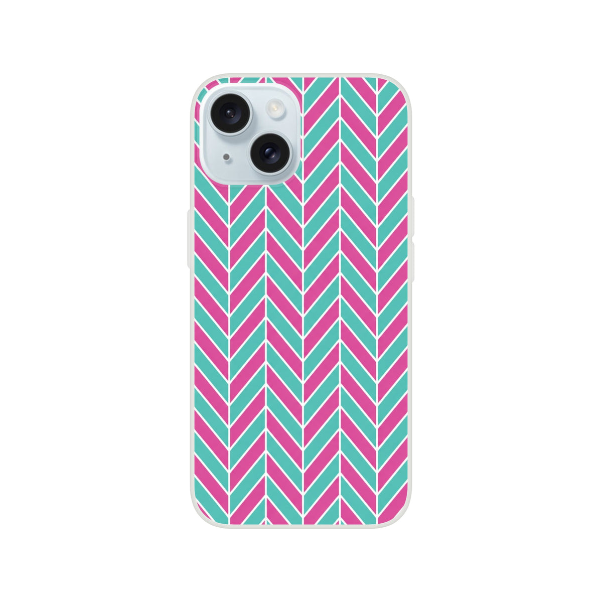 Pink and turquoise herringbone geometric iPhone case with matte finish. Impact-shielding TPU cover supports wireless charging for iPhone 13-16.