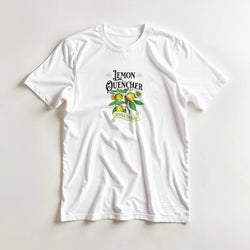 White women's graphic T-shirt featuring Lemon Quencher lemon tree and Natural Product banner.
