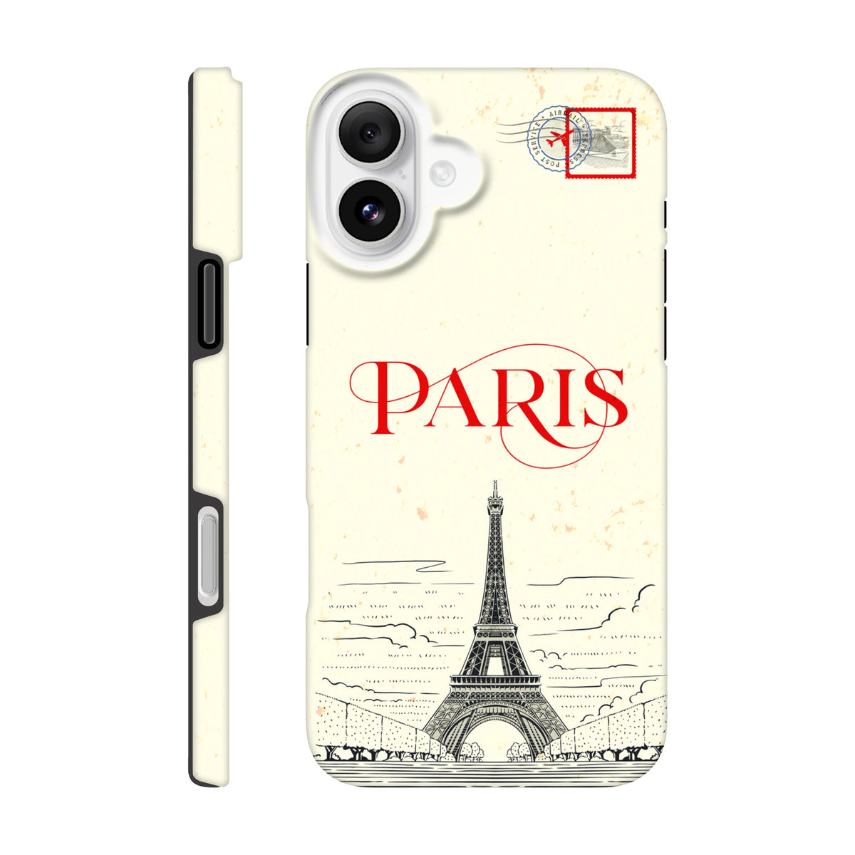 Vintage-style Paris iPhone case featuring an Eiffel Tower sketch, red typography, and a travel stamp graphic for durable daily protection.