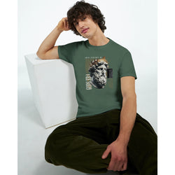 Man wearing Gothic Gods graphic T-shirt in green cotton blend with ancient statue artwork.