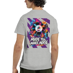 Gray men's t-shirt back view featuring a colorful retro turntable graphic with paint splatters and "Made to Make Noise" text.