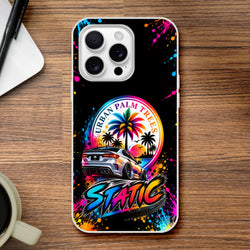 Static Slammed iPhone case featuring a lowered silver car, Urban Palm Trees sunset graphic, and colorful paint splatter art.