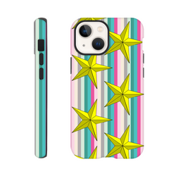 Retro star stripe tough iPhone 16 case featuring yellow stars on colorful vertical stripes with shock-absorbing TPU protection.
