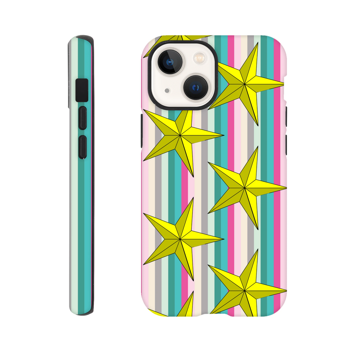 Retro star stripe tough iPhone 16 case featuring yellow stars on colorful vertical stripes with shock-absorbing TPU protection.