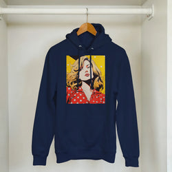 Navy blue retro graphic streetwear pullover featuring a vintage pop art blonde woman print in comic book style.