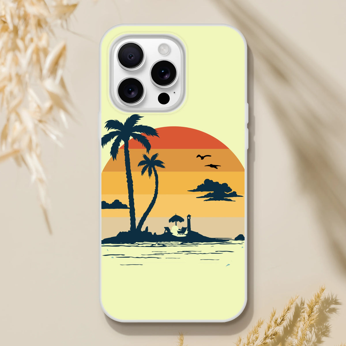 Retro Beach iPhone Case for iPhone 13-16 featuring palm tree sunset on a pale yellow cover.