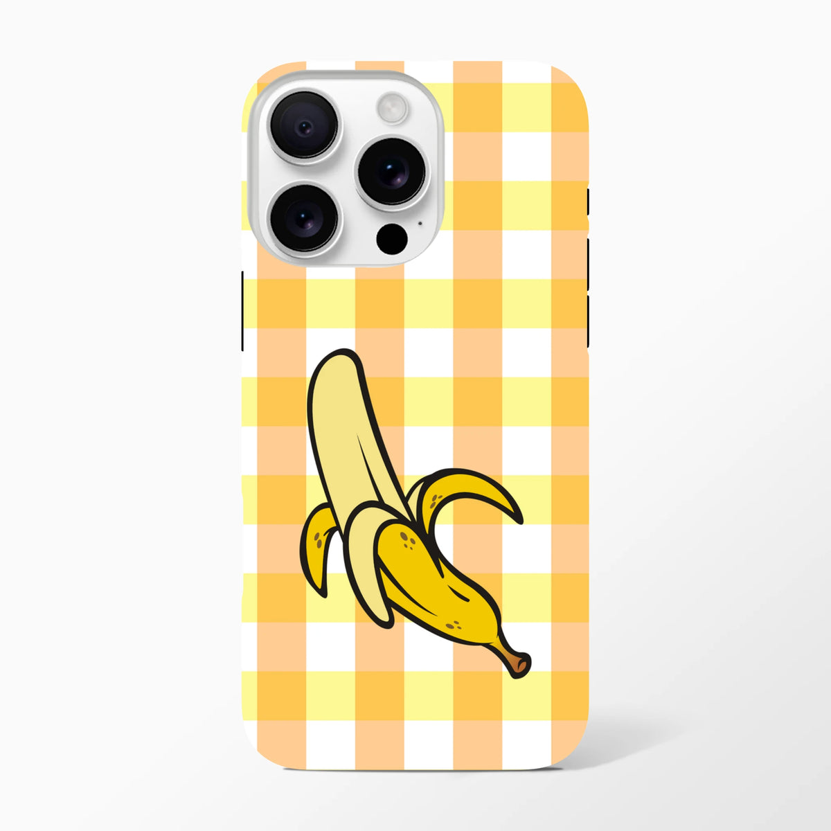 Cute yellow and orange gingham iPhone case featuring a playful peeled banana illustration for tough protection.