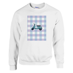 White sweatshirt featuring a teal retro scooter graphic on a blue and purple gingham background. Vintage mod style.