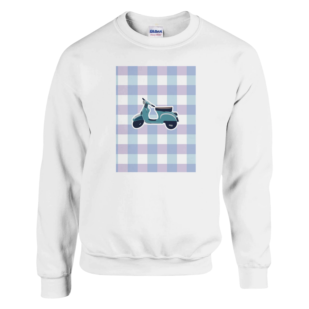 White sweatshirt featuring a teal retro scooter graphic on a blue and purple gingham background. Vintage mod style.