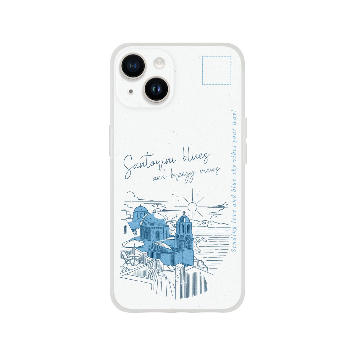Vintage Postcard iPhone Case (13-16) Santorini Holiday; slim matte, lightweight, shock-absorbing TPU.