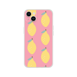 Pink lemon-pattern iPhone case for 13–16 with frosty clear texture and art-friendly display.