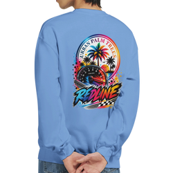 Back view of a light blue Redline Petrolhead sweatshirt featuring a colorful tachometer and palm tree graphic for modified car culture.
