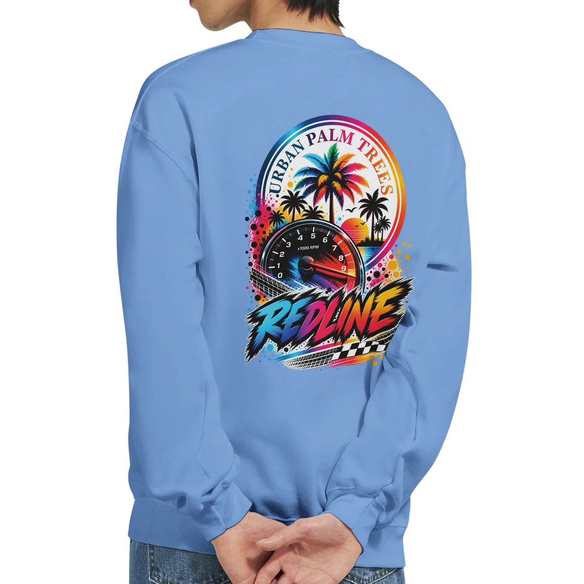 Back view of a light blue Redline Petrolhead sweatshirt featuring a colorful tachometer and palm tree graphic for modified car culture.