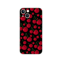 Black iPhone case featuring a retro red cherry pattern with green stems and a slim matte finish for urban durability.