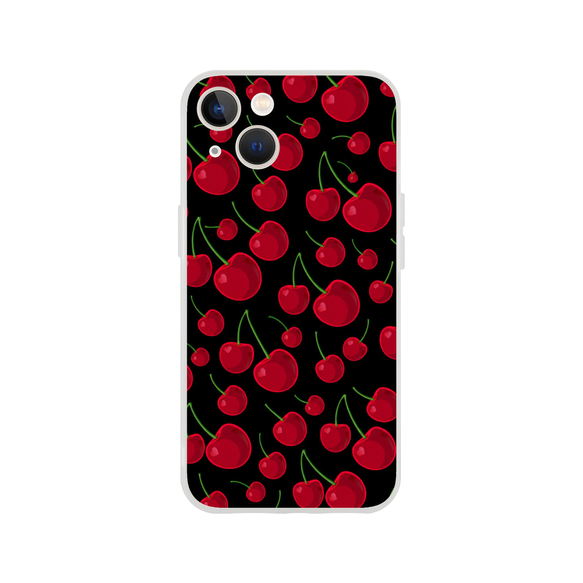 Black iPhone case featuring a retro red cherry pattern with green stems and a slim matte finish for urban durability.