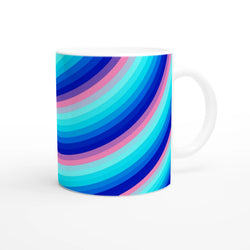 Blue and pink retro wave mug with groovy Y2K swirl ceramic design and white handle.