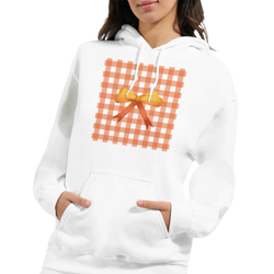 White pullover hoodie featuring an orange gingham square design with a central yellow bow, embodying a cute coquette aesthetic for women.